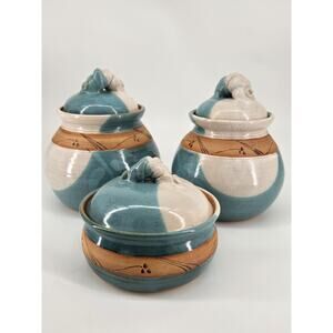 Vintage Studio Pottery Handmade Artist Signed Canister Blue Cream Set Of Three